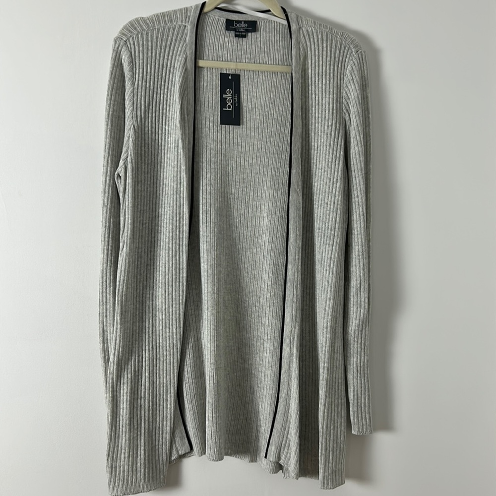 NWT Belle light grey ribbed cotton blend with black trim open cardigan size L